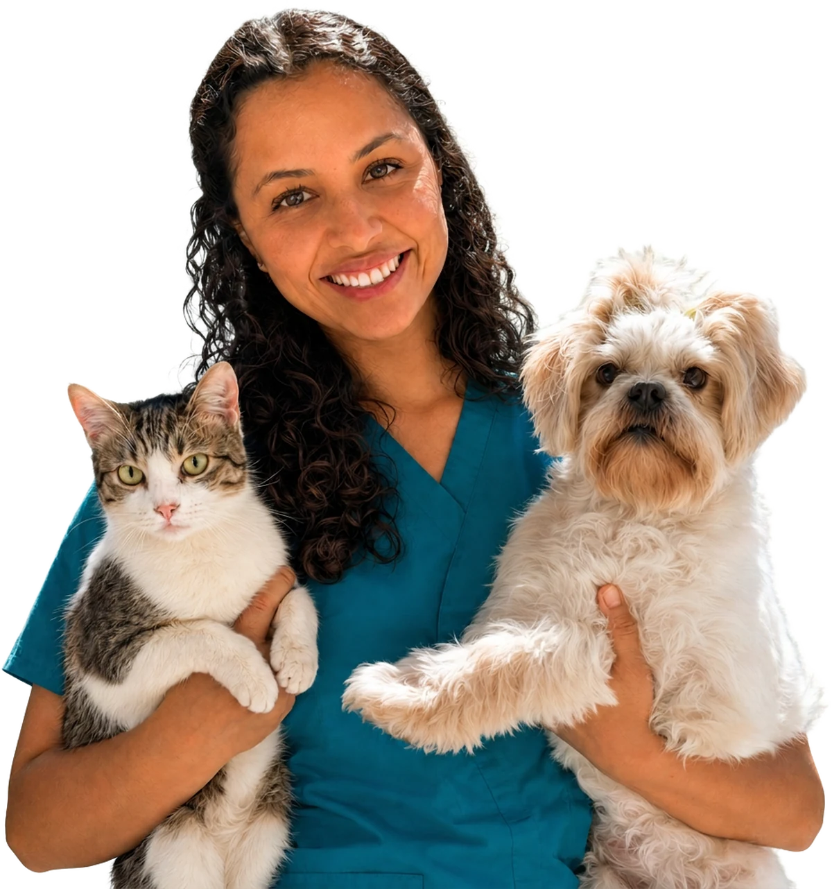 Dra. Stephanie, médica-veterinária da Life Pet, segurando um gato e um cachorro no colo